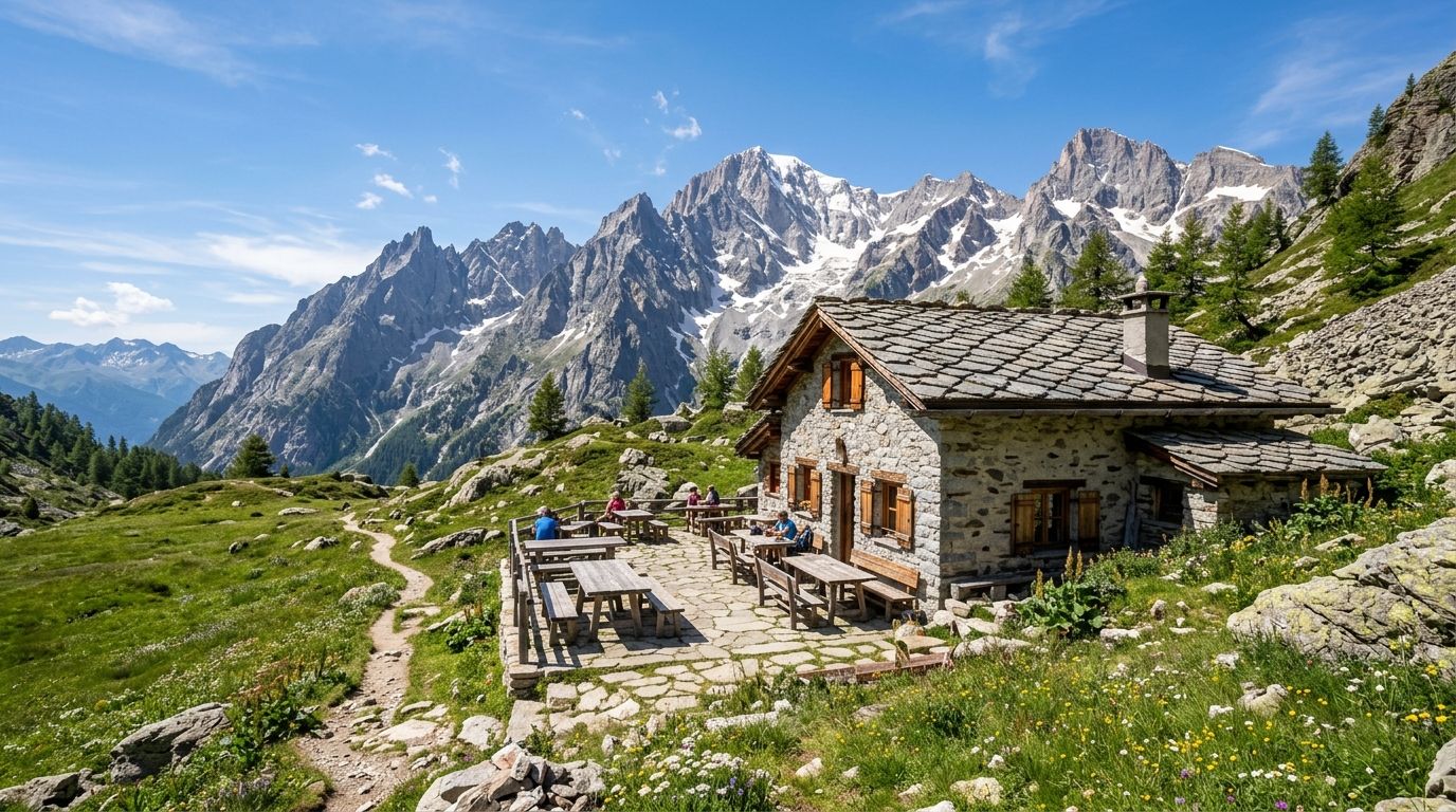 Il rifugio, una baita di pietra con le imposte di legno e i tavoli all'aperto sul prato, sotto una cresta di cime rocciose con un po' di neve